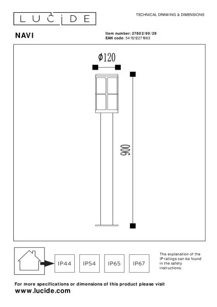 Lucide NAVI - Bollard light - Ø 12 cm - 1xE27 - IP54 - Anthracite - technical